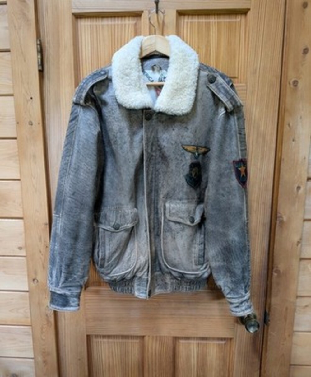 VTG Leather & Lambs Wool Bomber Jacket US Airforce Space Patches Top Gun Men's L